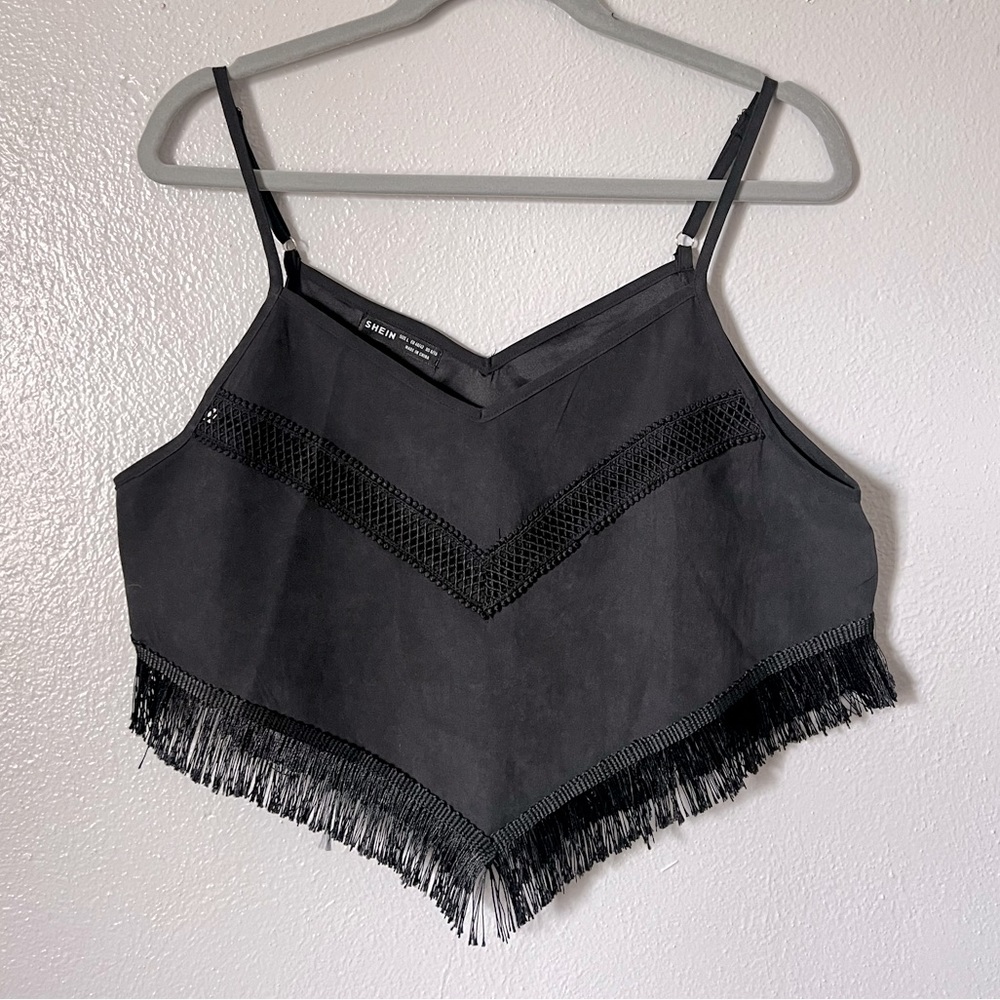 SHEIN Black Lace Insert Fringe Hem Cami Tank Crop Top Size Large